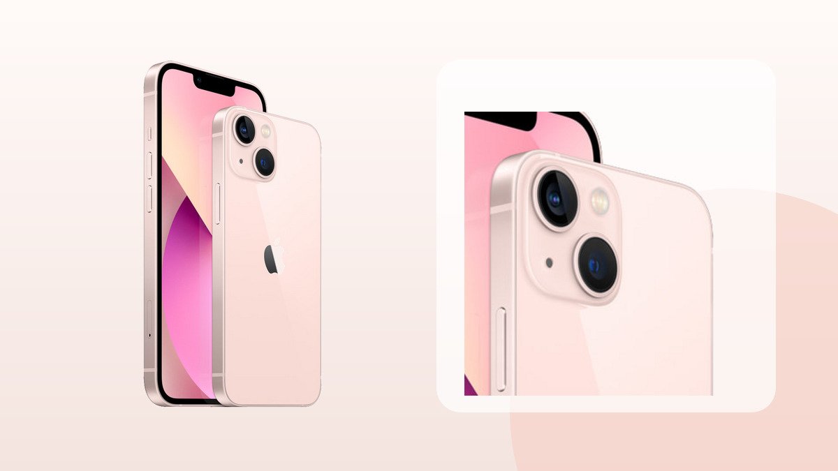 iPhone 13 rose vu de face et de dos, avec un gros plan sur ses deux caméras arrière