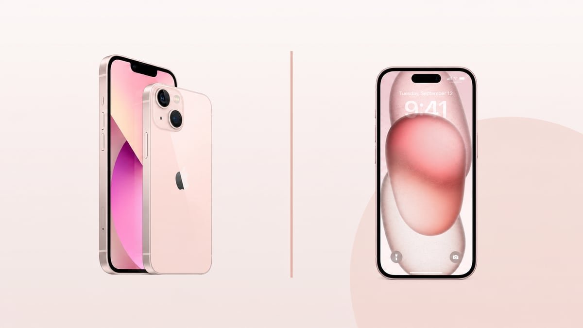 iPhone 13 rose avec encoche à gauche, comparé à un iPhone 15 rose avec Dynamic Island à droite