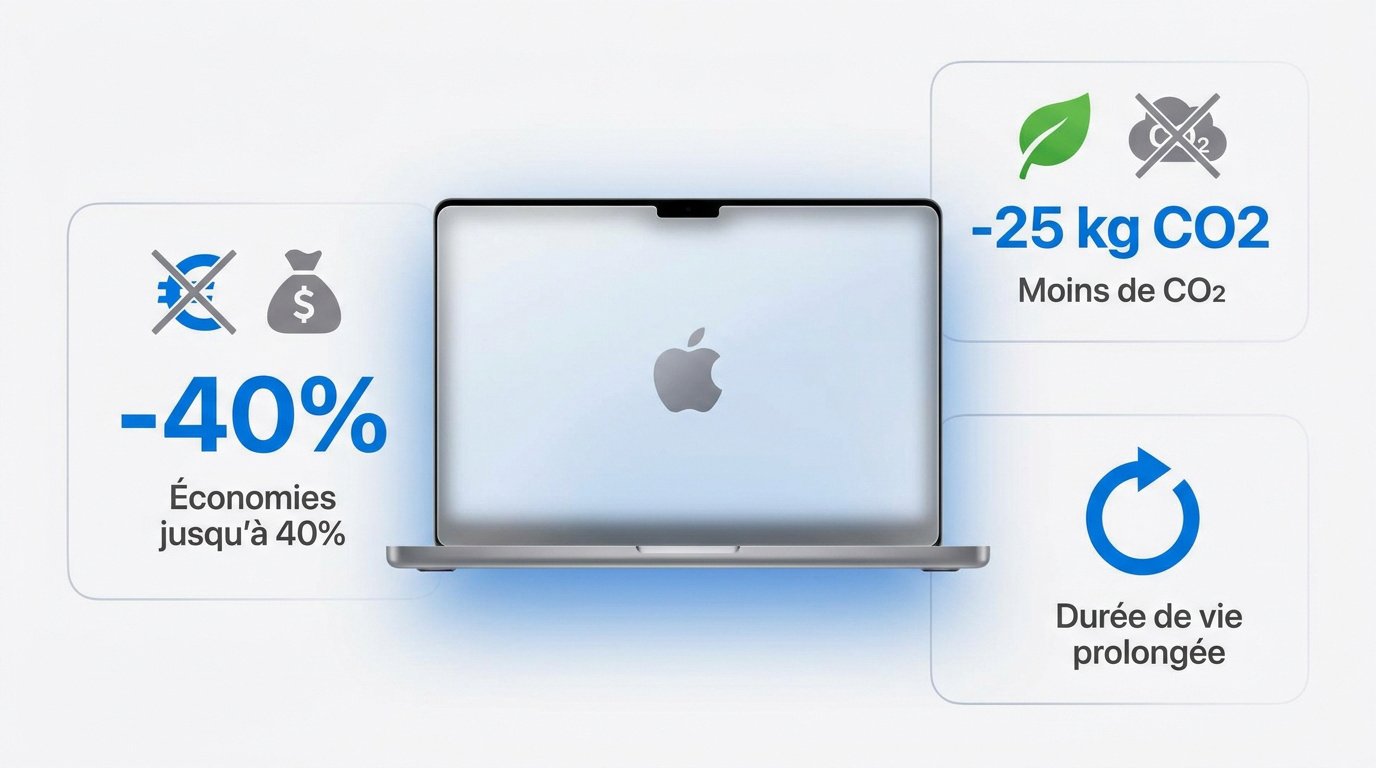 MacBook reconditionné posé sur un bureau illustrant l'économie circulaire et la durabilité