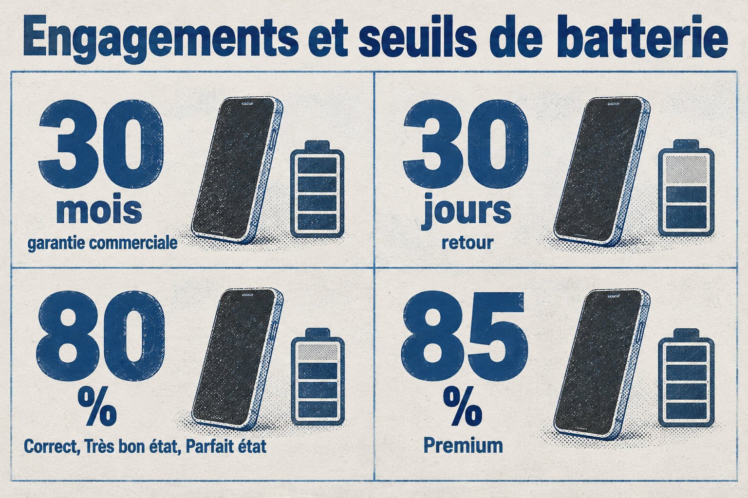 L’infographie indique une garantie commerciale de 30 mois, 30 jours pour le retour, un seuil de batterie de 80 % pour Correct, Très bon état et Parfait état, et de 85 % pour Premium.