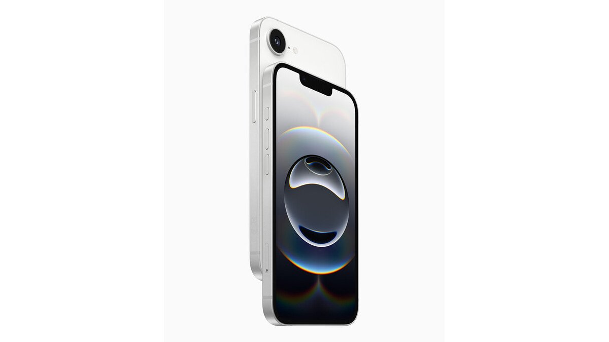 iPhone 16e blanc présenté de face et de dos sur fond blanc