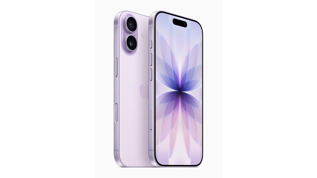 iPhone 17 lavande vu de face et de dos sur fond blanc