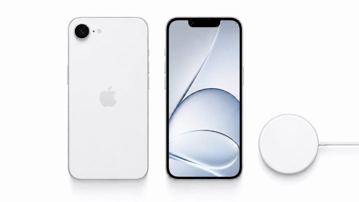 iPhone 17e blanc présenté de face et de dos avec un chargeur MagSafe