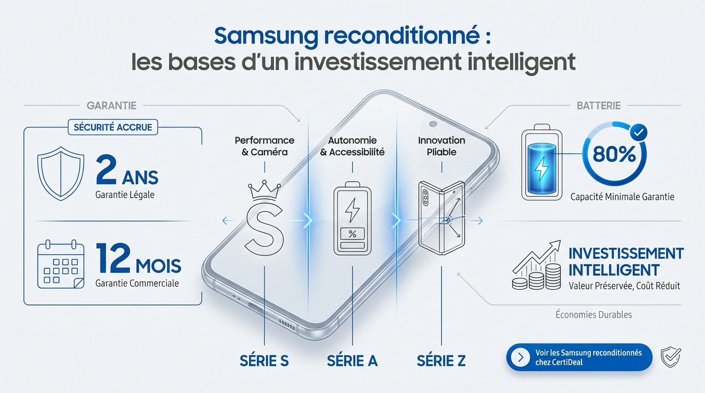 Smartphone Samsung Galaxy reconditionné posé sur un bureau