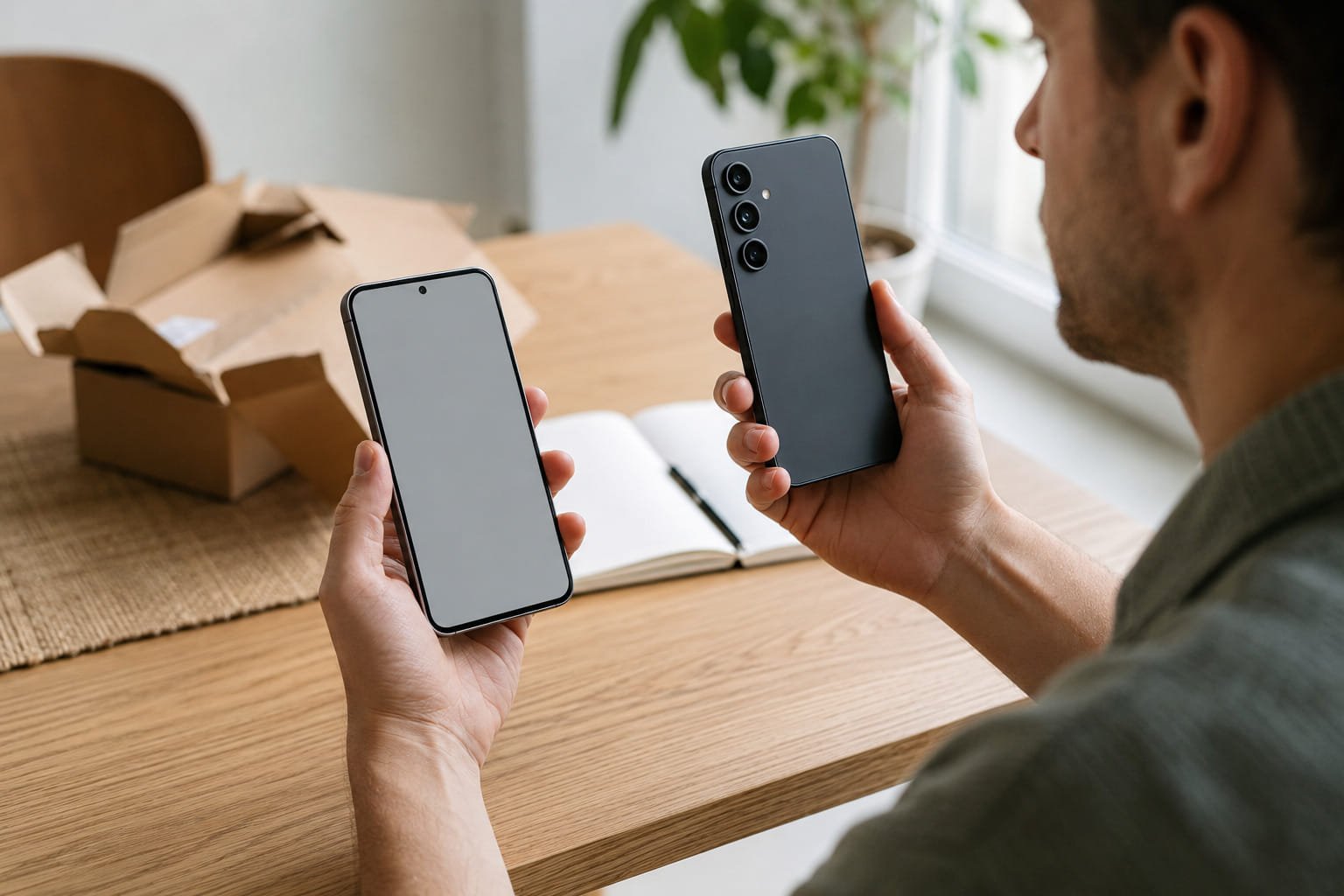 Personne comparant deux smartphones Android avant un achat reconditionné