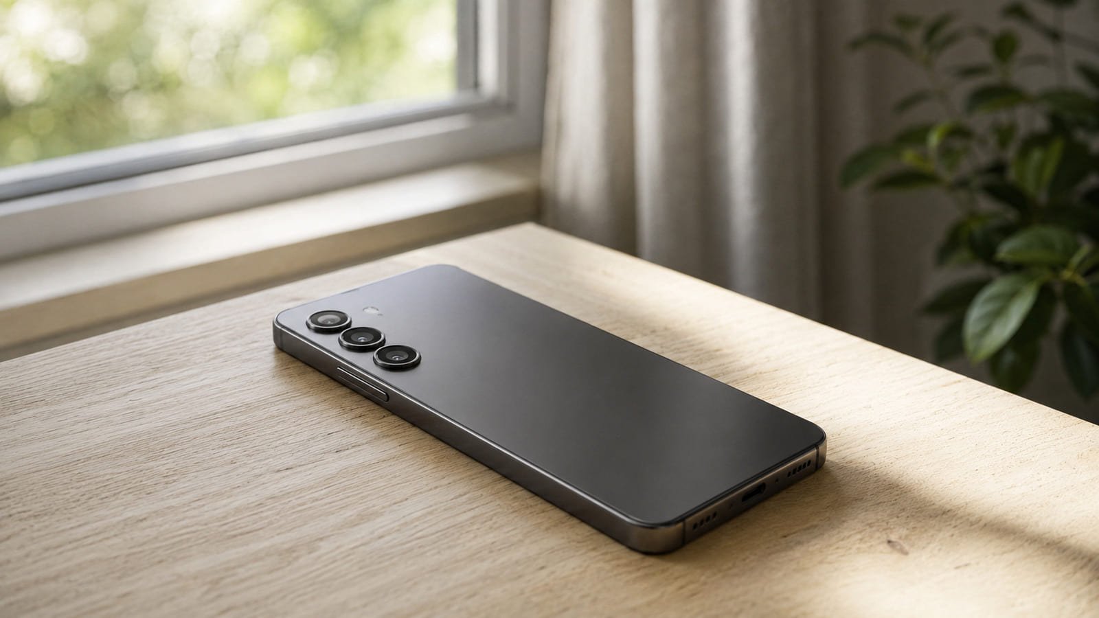 Smartphone Android noir à trois capteurs posé sur une table en bois près d’une fenêtre