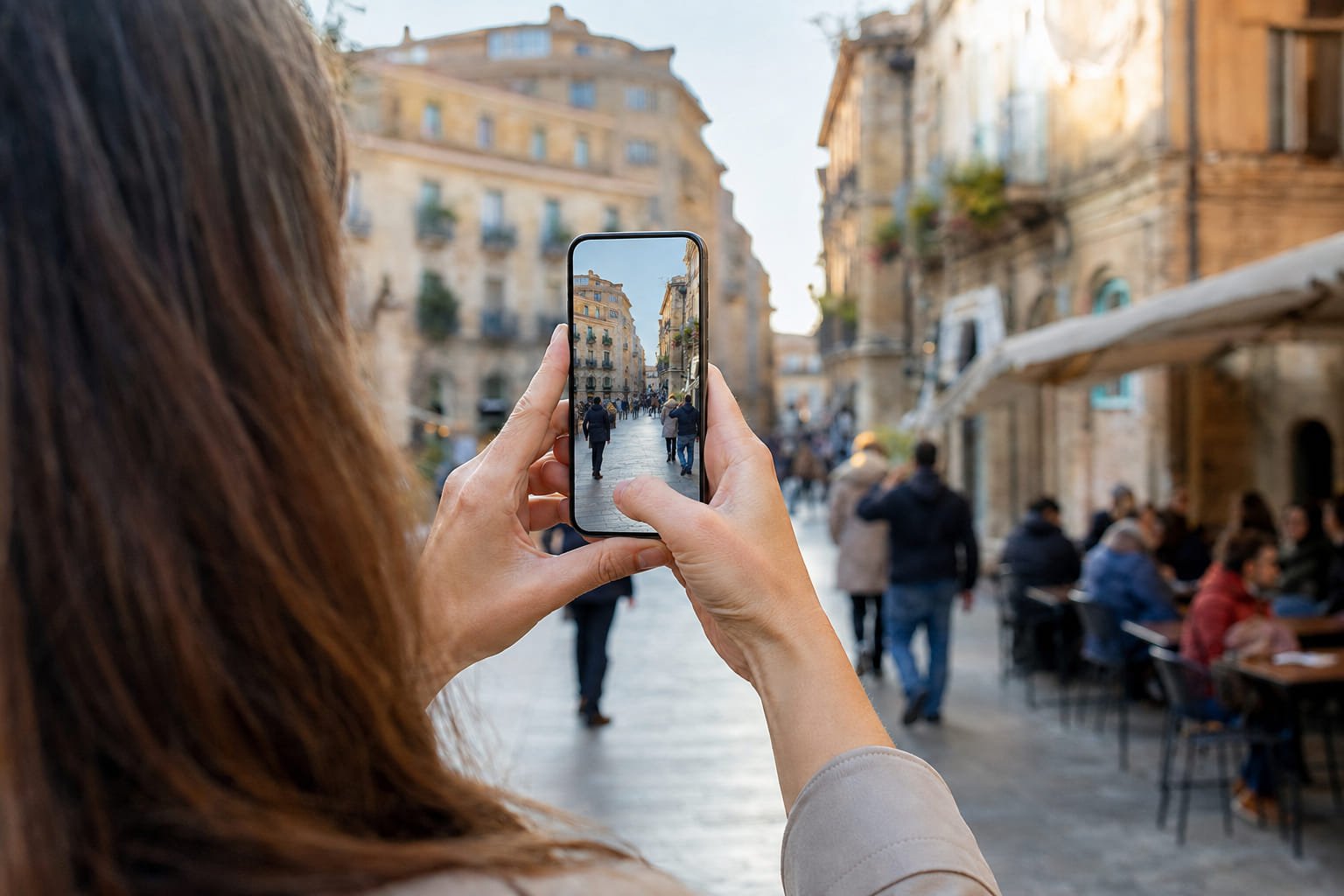 Personne utilisant un smartphone pour photographier une rue pendant un voyage